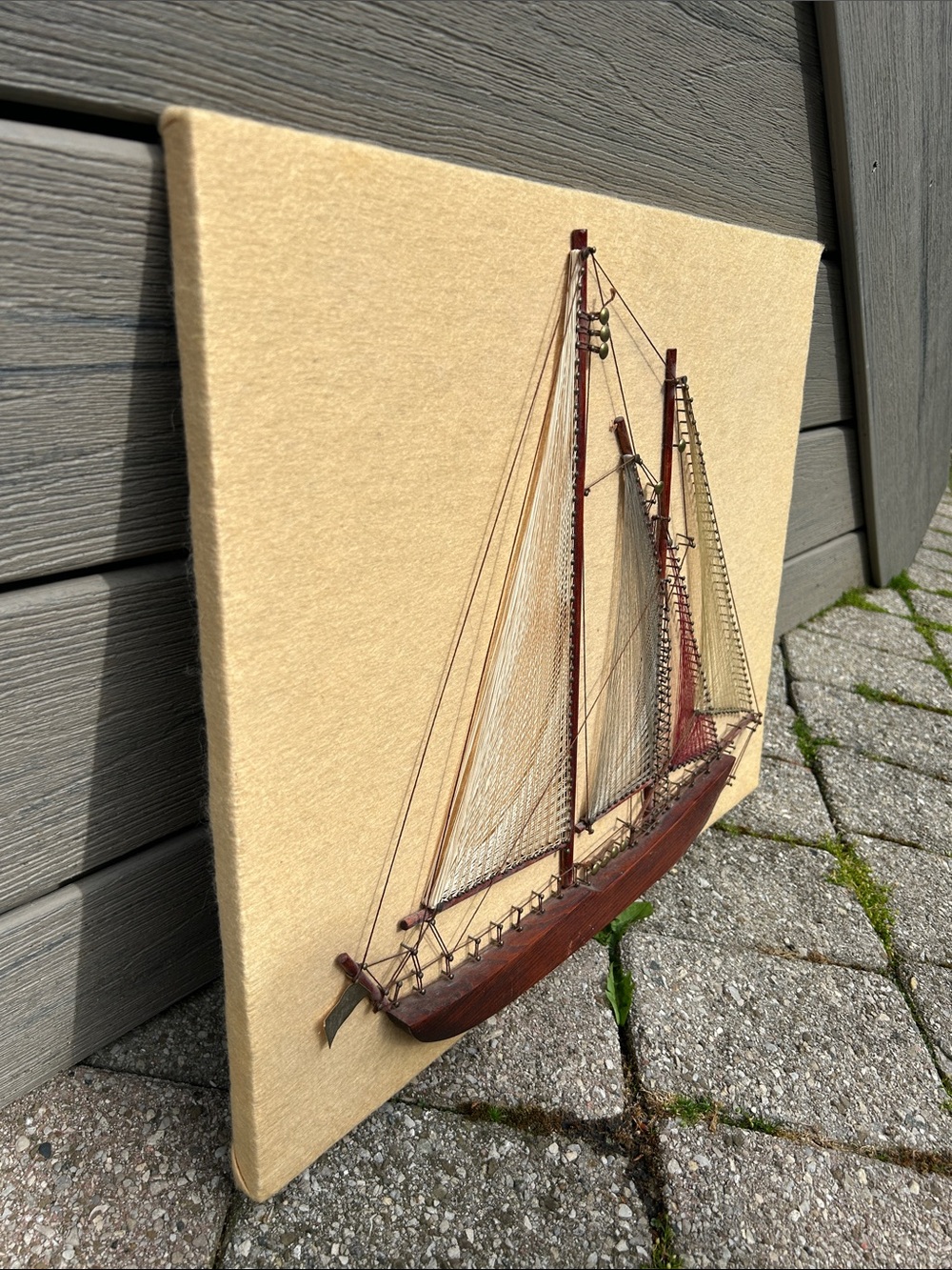 vintage wooden ship string art wall hanging featuring a schooner - Picture 2 of 12